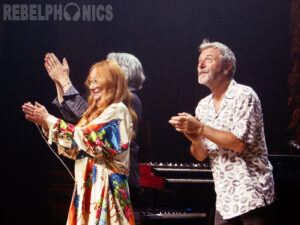 Photo: Annie Govekar. Tori Amos thanks the crowd with Jon Evans and Ash Soan on her Ocean to Ocean Tour in 2022.